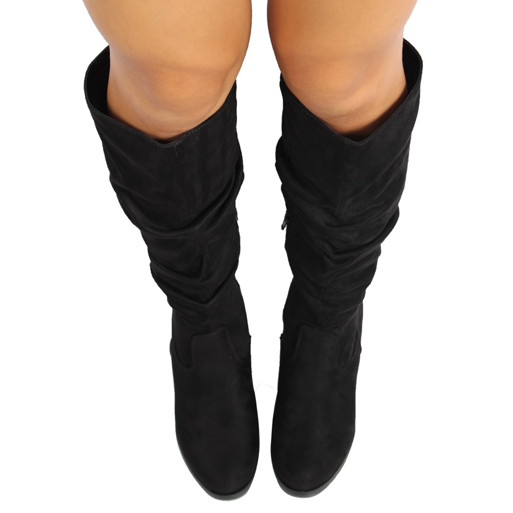 Size 6 Black Faux Suede Slouchy Stacked Wedge Knee - Picture 6 of 6